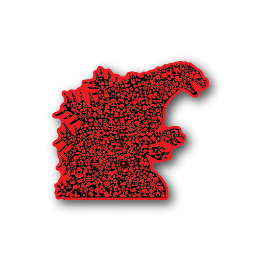 Vinyl sticker of red Godzilla silhouette with collage pattern