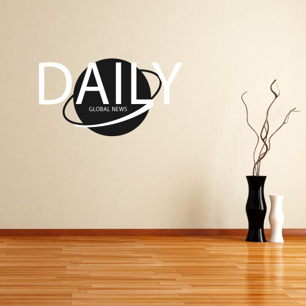 Black circle wall decal with DAILY text and globe news graphic, vinyl lettering