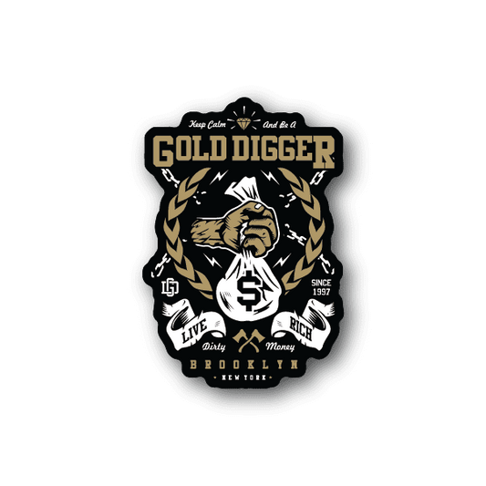Vinyl sticker with gold and white bee holding dollar sign, wreath and bold lettering