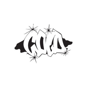 Graffiti decal with stylized letters and starburst spark accents