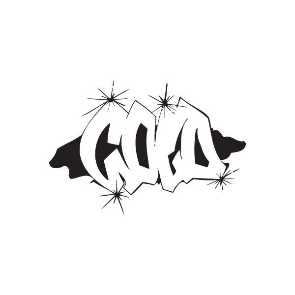 Graffiti decal with stylized letters and starburst spark accents