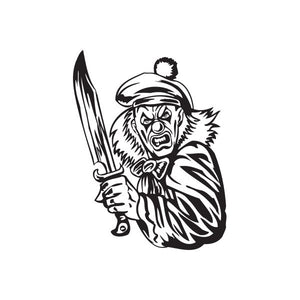 Clown knife decal with white-and-black jester face and raised sword