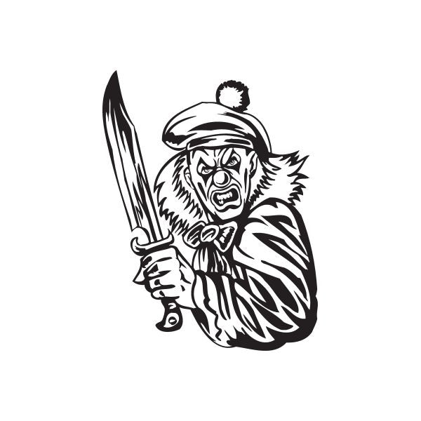 Clown knife decal with white-and-black jester face and raised sword