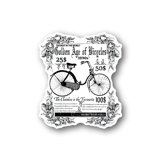 Vinyl bicycle-themed sticker with black-and-white vintage engraving and ornate border and text