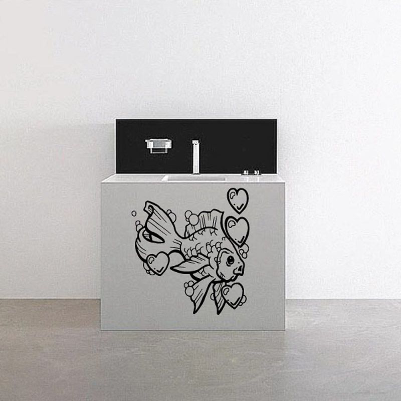 Goldfish in Love decal with line-art fish and floating heart outlines