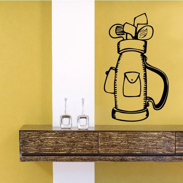 Golf bag and clubs decal, black outline on a yellow background