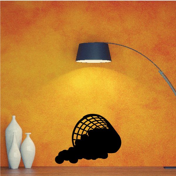 Golf ball bucket wall decal, black vinyl silhouette with golf ball and net detail
