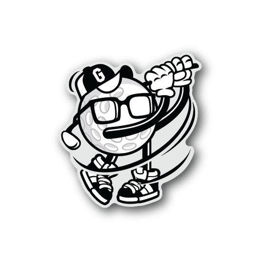Golfer vinyl sticker with glasses, holding clubs, white with black outline