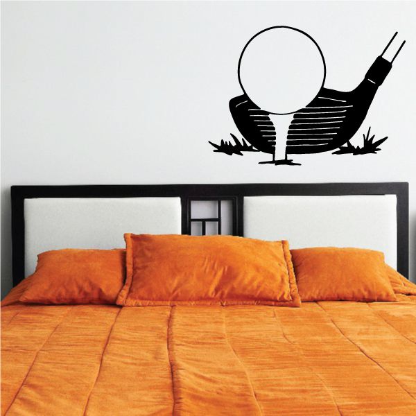 Golf ball on tee wall decal with stylized black golfer silhouette
