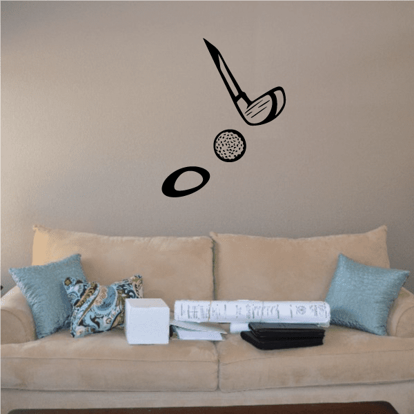 Golf ball and golf club wall decal, vinyl sticker with two ball circles.