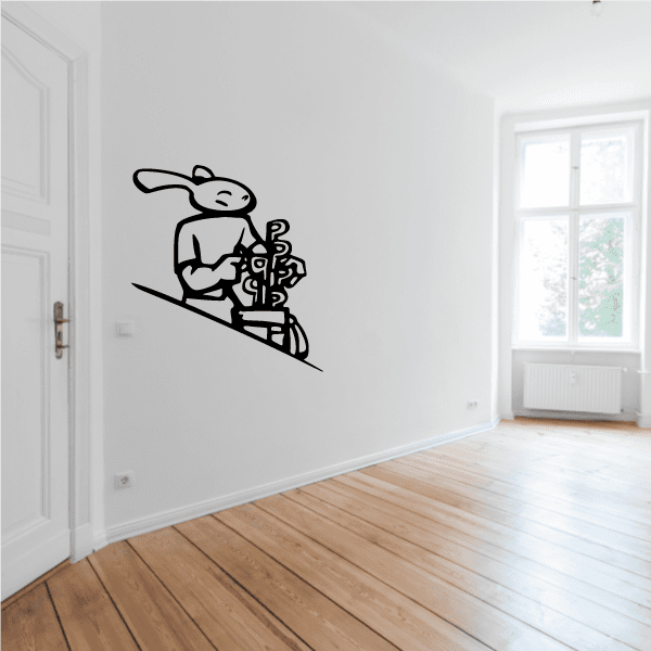 Golf bunny wall decal vinyl sticker, black line art with clubs and ball