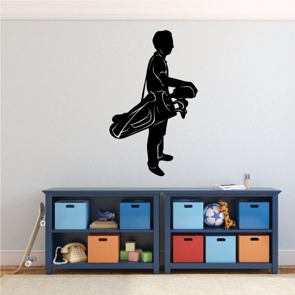 Golf caddy sticker decal, black silhouette holding golf bag