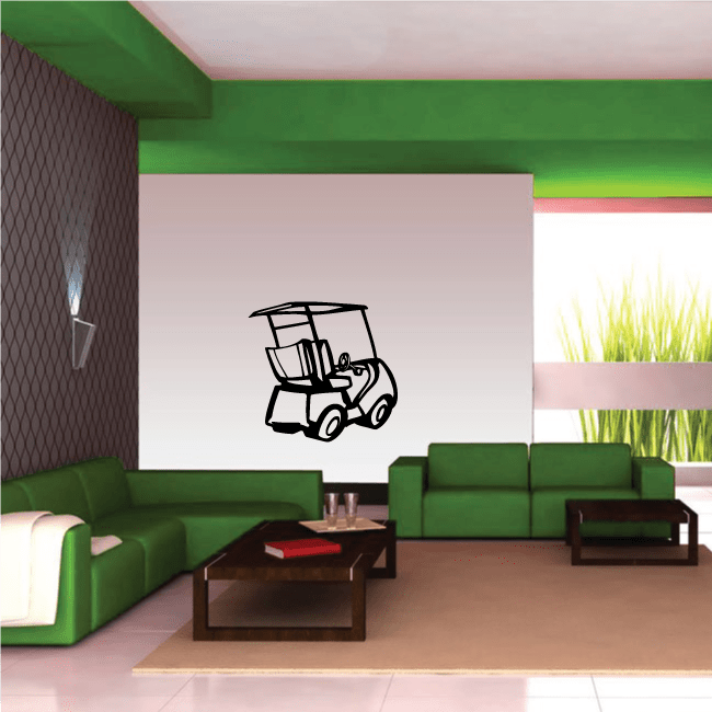 Golf cart wall decal vinyl sticker with black outlined golf cart design on white