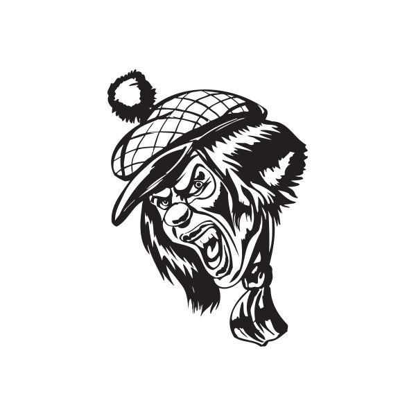 Clown head golf decal, black-and-white face with hat and net pattern