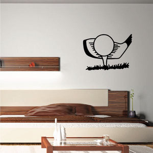 Golf ball wall decal with wings and tee over grass