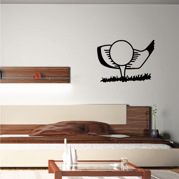 Golf ball wall decal with wings and tee over grass