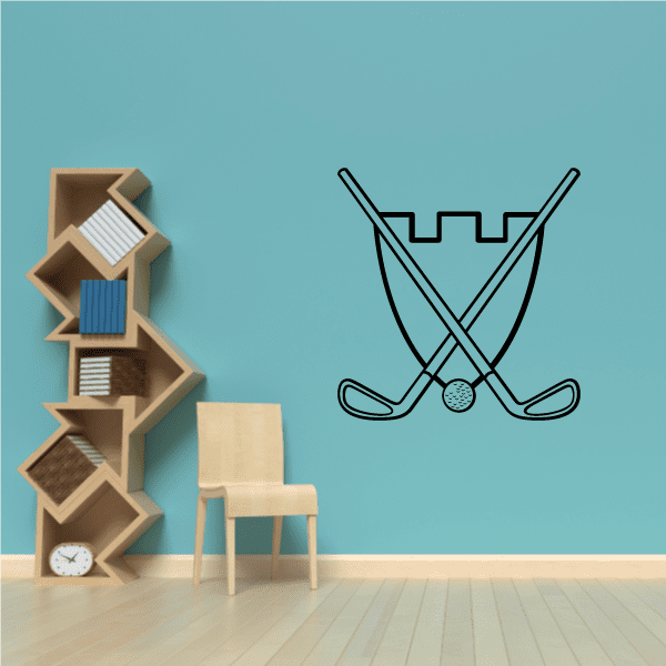 Golf crest banner wall decal with crossed golf clubs and ball, black outline