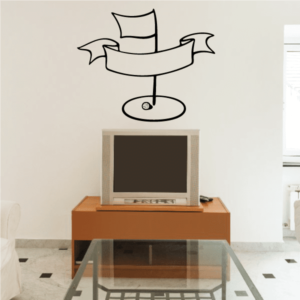 Golf crest wall decal: ribbon banner with trophy cup and oval base