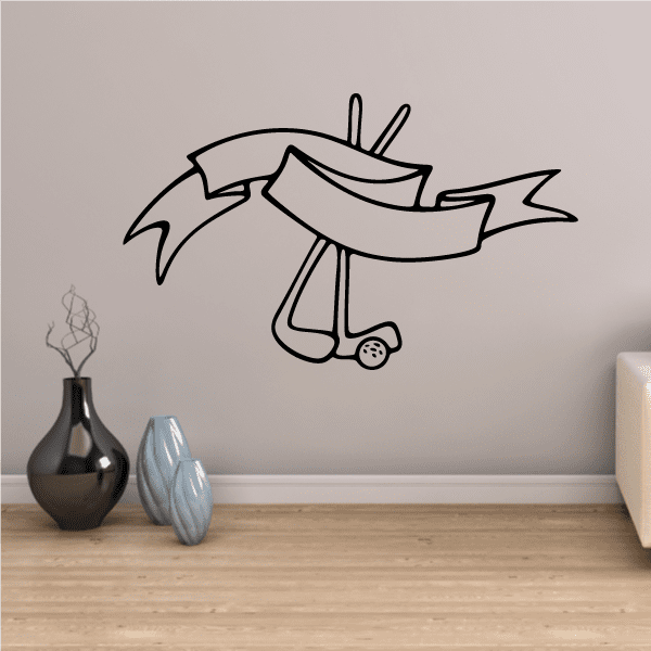 Golf crest wall decal, black ribbon banner outline with hanging tags