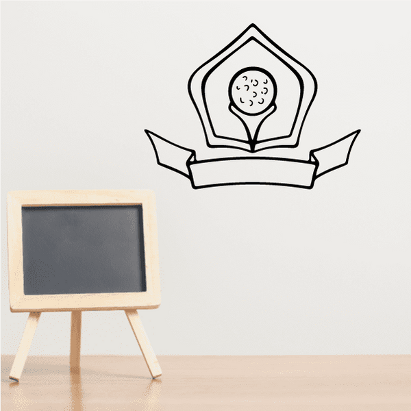 Golf crest wall decal with outlined golfer ball and banner ribbon design