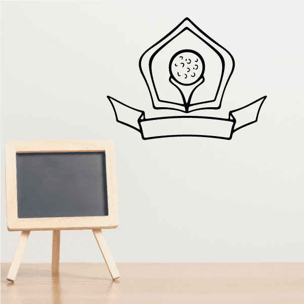 Golf crest wall decal with outlined golfer ball and banner ribbon design