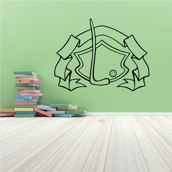 Golf crest banner vinyl wall decal with flag and scroll ribbons, outlined in dark green