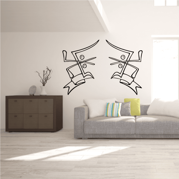 Golf crest banner wall decal, two black line-art flags with smiley club icons