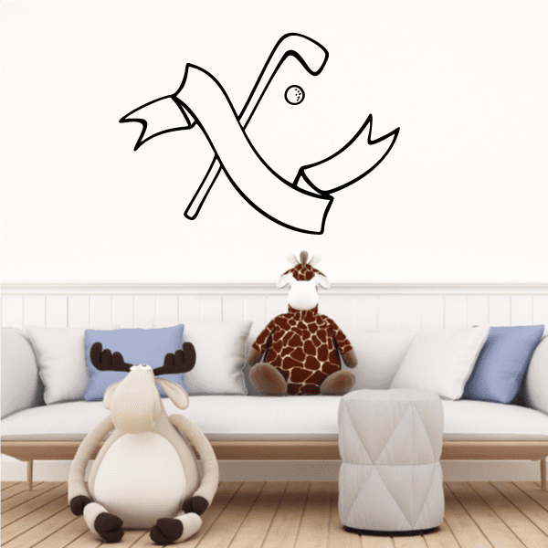 Golf crest banner wall decal featuring a golf flag, ball, and club in black line art