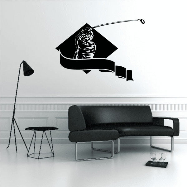 Golf crest wall decal: black shield with white animal figure and banner ribbon