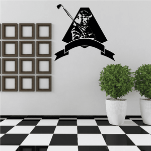 Black vinyl golf crest wall decal with golfer silhouette and banner ribbon