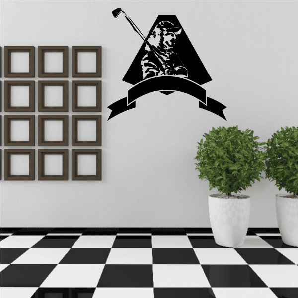 Black vinyl golf crest wall decal with golfer silhouette and banner ribbon