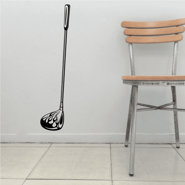 Black vinyl golf club wall decal with flame-style ball head