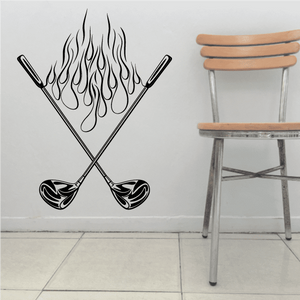 Golf wall decal featuring crossed flaming golf clubs