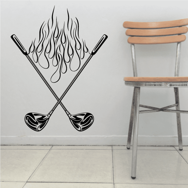 Golf wall decal featuring crossed flaming golf clubs