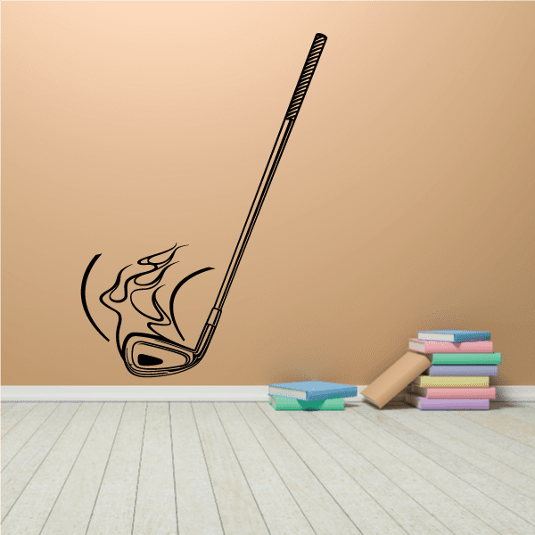 Vinyl wall decal of black golf club with curved flame-like lines and ball