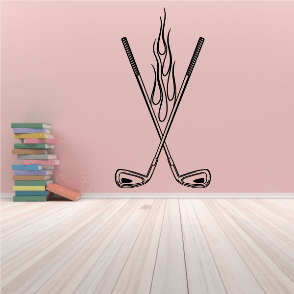 Golf wall decal of crossed golf clubs with flame design, vinyl