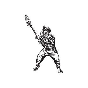 Golf hat decal of a shouting clown holding a shovel in a swing pose