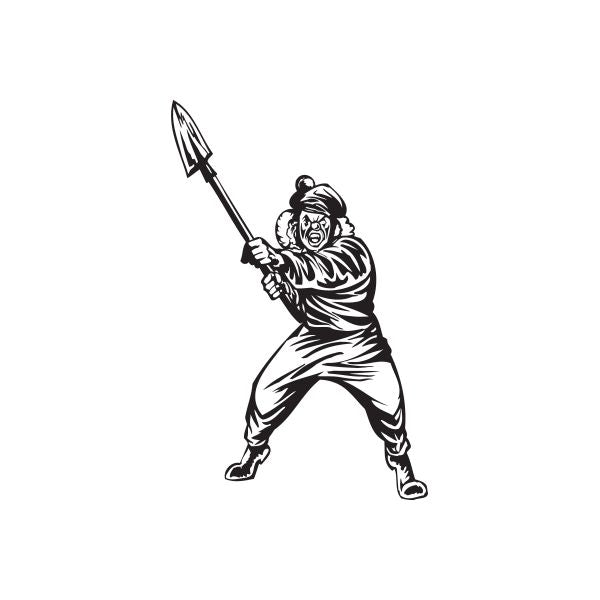 Golf hat decal of a shouting clown holding a shovel in a swing pose