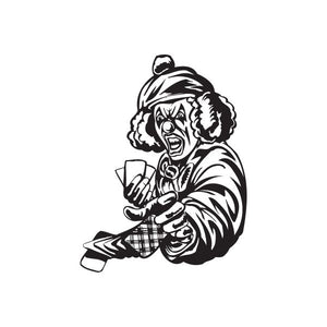 Clown playing cards decal in black and white, wearing a golf cap