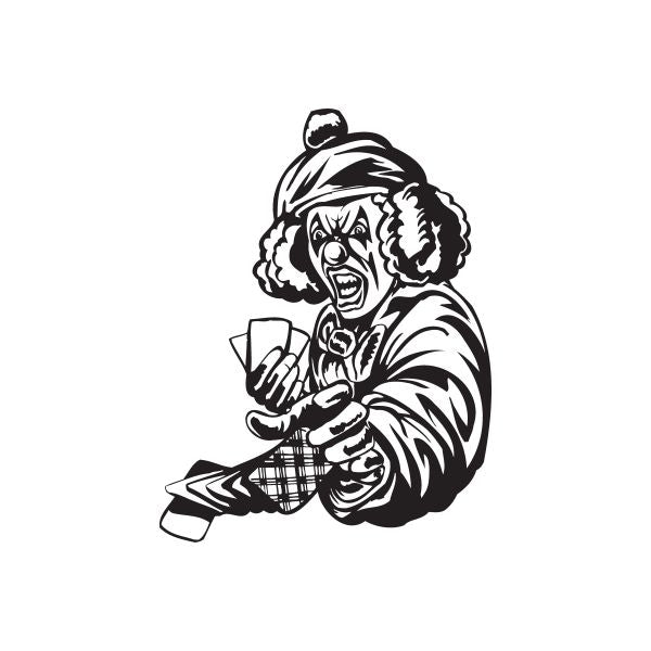 Clown playing cards decal in black and white, wearing a golf cap