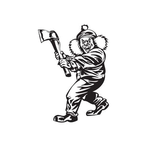 Golf hat decal featuring black-and-white clown holding an axe and wearing a hat