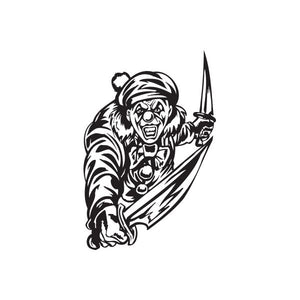 Golf hat decal: cartoon clown with knives in bold black-and-white graphic