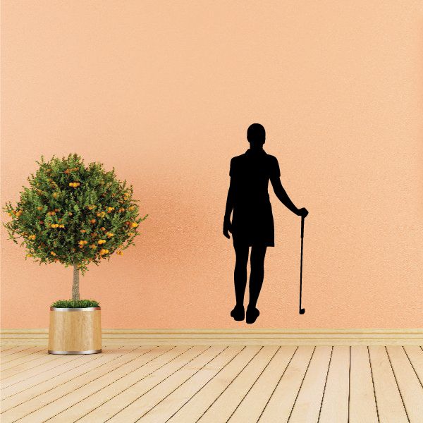 Golf lady golf pose vinyl wall decal, black silhouette holding a club and flag