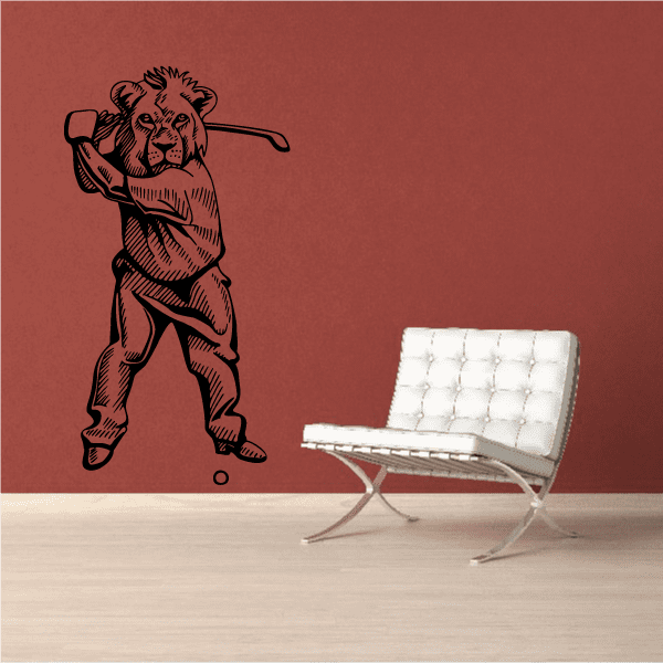 Golf mascot wall decal of a roaring lion holding a golf club, vinyl sticker design