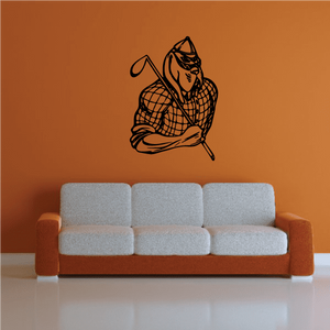 Golf mascot wall decal vinyl, cartoon golfer holding club, black outline on decal