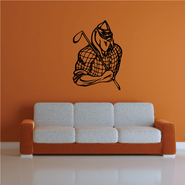 Golf mascot wall decal vinyl, cartoon golfer holding club, black outline on decal
