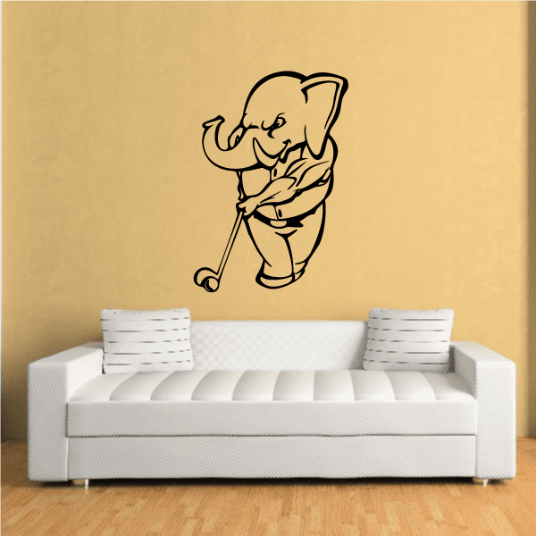Golf mascot wall decal of cartoon dog golfer holding a club, black outline