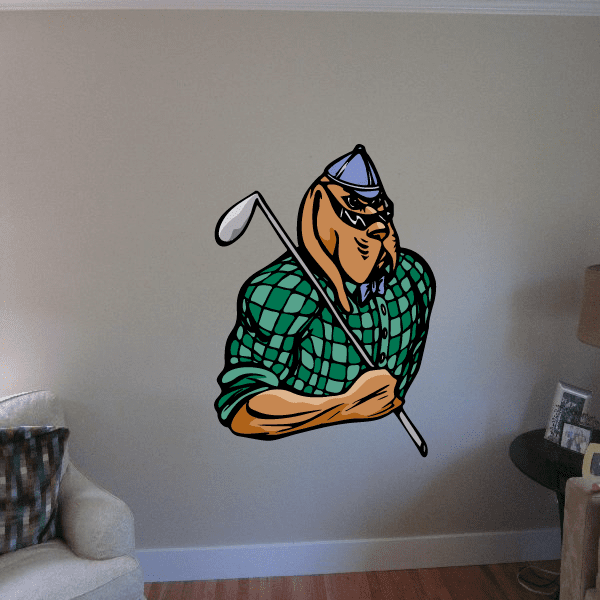 Golf mascot wall decal: green checkered jacket, orange golfer holding white club