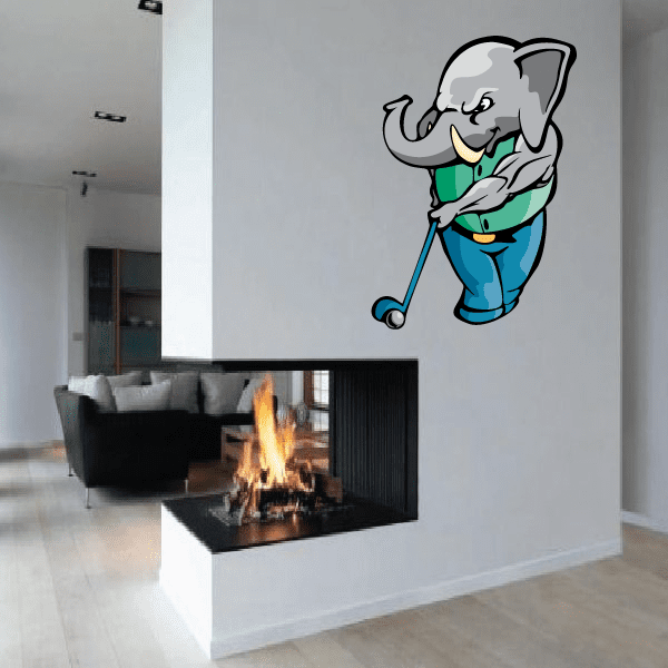 Golf mascot wall decal: gray elephant golfer holding a golf club, teal pants