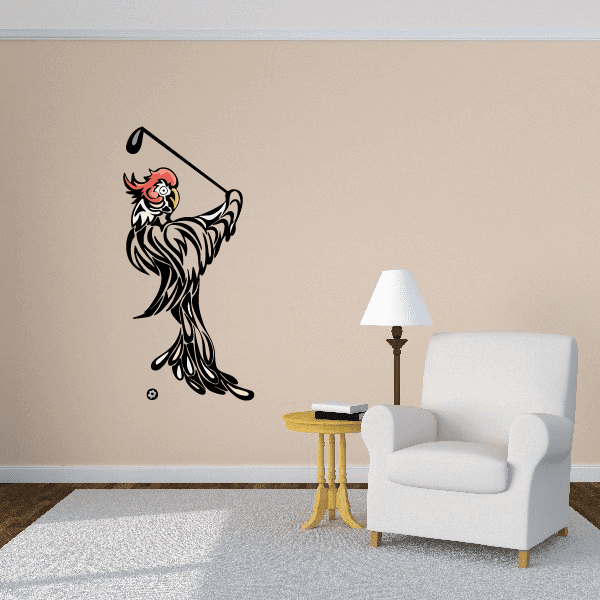 Golf mascot wall decal sticker of black golfer silhouette with red hair, raised club, vinyl sticker